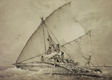 Le Breton, Louis Auguste Marie, 1818-1866 :Pirogue des naturels de Balahou. Dessine par L. Le Breton. Lith. par Sabatier. Paris. Gide Editeur. Imp. Lemercier, Paris, [1846].