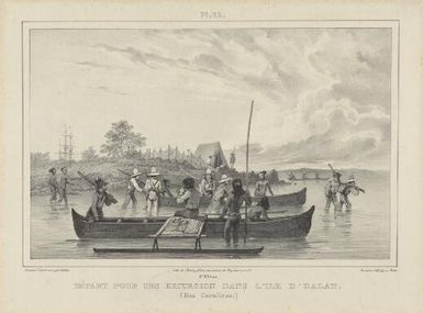 Depart pour une excursion dans l'ile d'Ualan, Iles Carolines / dessine d'apres nat. par Kittlitz; Bichebois lithe; fig. par Wattier