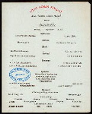 DINNER [held by] TOYO KISEN KAISHA [at] EN ROUTE ABOARD SS HONG KONG MARU (SS)