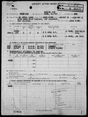 VMSB-245 - ACA report #208 - Bombing targets in the Yap Area, Carolines on 4/26/45