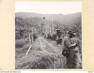 KAIRIRU ISLAND, NEW GUINEA, 1945-09-08. THE TRACK TO JAPANESE ARMY HQ. STAFF OFFICERS TO HQ 6 DIVISION, ARE VISITING THE ISLAND TO MAKE ARRANGEMENTS WITH JAPANESE STAFF OFFICERS FOR THE HANDING ..
