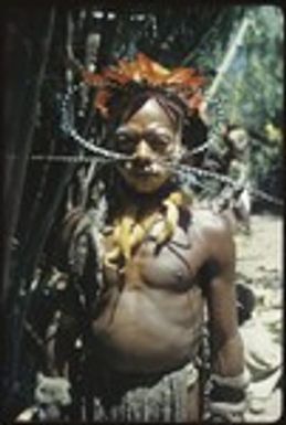 Bride price for Okolu: man with feather and fur ornaments, participant in a bride price exchange