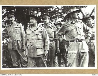 RAMU VALLEY, NEW GUINEA. 1943-12-18. VX1 GENERAL SIR THOMAS BLAMEY GBE KCB CMG DSO ED, COMMANDER-IN-CHIEF, ALLIED LAND FORCES, SOUTHWEST PACIFIC AREA, (1) WITH HIGH RANKING AUSTRALIAN ARMY OFFICERS ..