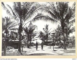 WUNUNG PLANTATION, JACQUINOT BAY, NEW BRITAIN, 1945-08-24. THE ENTRANCE TO THE CAMP AREA, 55 FIELD PARK COMPANY, ROYAL AUSTRALIAN ENGINEERS