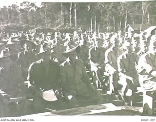 THE SOLOMON ISLANDS, 1945-04-25. AUSTRALIAN AND NEW ZEALAND SERVICEMEN AT A COMBINED ANZAC DAY CHURCH SERVICE. (RNZAF OFFICIAL PHOTOGRAPH.)