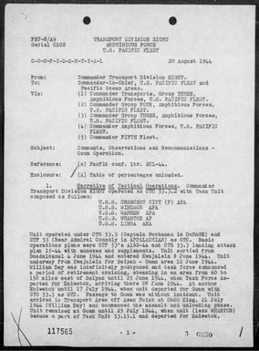COMTRANSDIV 8 - Comments, observations & recommendations on the Guam Is op, Marianas 7/21-25/44