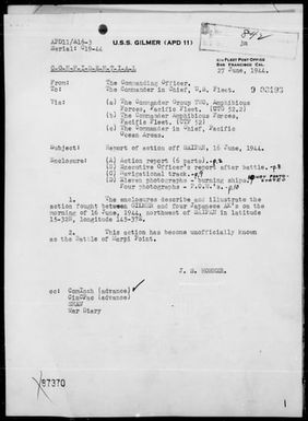 USS GILMER - Rep of Act With & Sinking of Four Jap AK's Northwest of Saipan Is, Marianas, Morning 6/16/44
