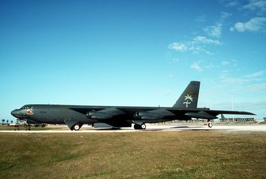 A left side view of the 43rd Bombardment Wing B-52G Stratofortress aircraft known as "Darwin's Pride". The aircraft, which is being retired from U.S. Air Force service, will be placed on display in a museum at the Royal Australian Air Force (RAAF) air command base in Darwin, Australia