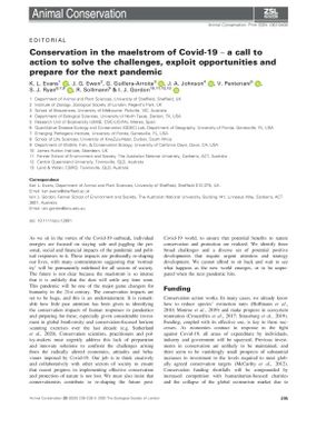 Conservation in the maelstorm of Covid-19 - a call to action to solve the challenge, exploit opportunities and prepare for the next pandemic.