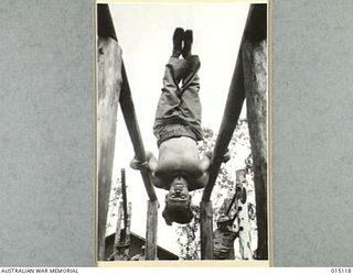 1943-06-26. NEW GUINEA. SGT. MAJOR F.J. HOLMES, OF CROYDON, N.S.W. EXERCISES ON THE PARALLEL BARS. (NEGATIVE BY N. BROWN)