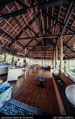 Fiji - thatched-roof building with flower garden - interior