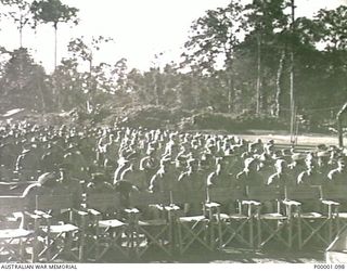 THE SOLOMON ISLANDS, 1945-04-25. AUSTRALIAN AND NEW ZEALAND SERVICEMEN AT A COMBINED ANZAC DAY CHURCH SERVICE. (RNZAF OFFICIAL PHOTOGRAPH.)