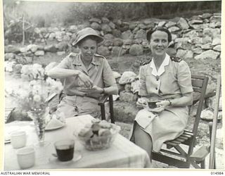 1943-06-10. NEW GUINEA. AT AN AUSTRALIAN GENERAL HOSPITAL IN NEW GUINEA. AMERICAN NURSES HAVE AFTERNOON TEA WITH AUSTRALIAN NURSES. MISS MABEL WATKINS OF NORTH CAROLINA AND MATRON M. MARSHALL OF ..