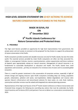 High level session statement on 10 key actions to achieve nature conservation outcomes in the Pacific, made in Suva, Fiji on 5th December 2013, 9th Pacific Islands Conference for Nature Conservation and Protected Areas