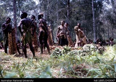 Men with stacks of cane and bananas