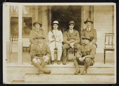 Thomas Duncan McGregor Stout with five members of the armed forces on the steps of Apia Hospital