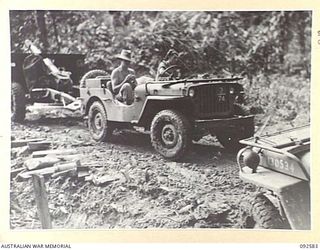 BOUGAINVILLE. 1945-05-25. A JEEP TOWING A 25-POUNDER ALONG BUIN ROAD TO A NEW BATTERY POSITION AT THE HONGORAI RIVER. ARTILLERY OF 5 BATTERY, 2 FIELD REGIMENT, ROYAL AUSTRALIAN ARTILLERY, IS BEING ..