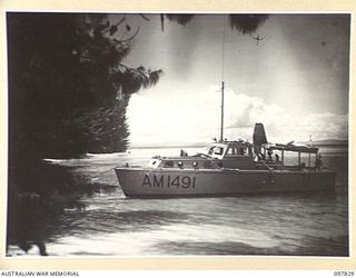 SHORTLAND ISLAND, BOUGAINVILLE. 1945-10-08. FIELD SECURITY BOAT, AM 1491, MANNED BY 42 LANDING CRAFT COMPANY, AT ANCHOR. THIS CRAFT ACTED AS ESCORT TO BARGES CARRYING JAPANESE TROOPS TO FAURO ..