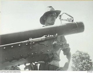 BOUGAINVILLE ISLAND, 1944-11-17. STAFF SERGEANT W. COSSTICK ADJUSTING THE FIELD CLYNOMETER DURING SIGHT TESTING OF 25 POUNDER GUNS IN THE GUN PARK OF THE 4TH FIELD REGIMENT