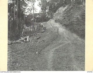 WAU - LAE ROAD, NEW GUINEA, 1944-03-03. THE ROAD 78 MILES FROM WAU. THIRTY SIX CHAINS OF BENCHING WAS CLEARED BY 200 NATIVES UNDER SUPERVISION BY THE AUSTRALIAN NEW GUINEA ADMINISTRATIVE UNIT IN ..