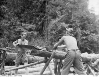 BULLDOG-WAU ROAD, NEW GUINEA, 1943-07-13. SAPPER H. TEMPEST (LEFT) AND SAPPER B. KELSEY OF HEADQUARTERS, ROYAL AUSTRALIAN ENGINEERS, 11TH AUSTRALIAN DIVISION, CUTTING CROSS PIECES FOR A BRIDGE AT ..