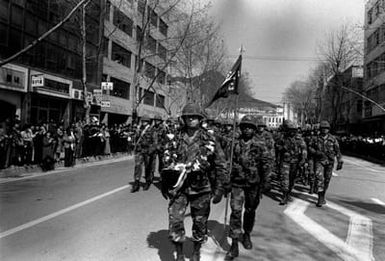 Members of the 25th Infantry Division from Schofield Barracks, Hawaii, march in a parade during their deployment to participate in the joint Republic of Korea/U.S. training exercise Team Spirit '82