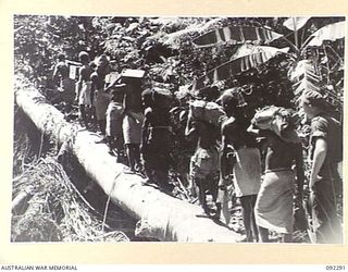 BOUGAINVILLE. 1945-05-17. NATIVES CARRYING LINE, AMMUNITION AND SUPPLIES FOR FORWARD TROOPS OF 57/60 INFANTRY BATTALION, CROSS A FALLEN TREE OVER THE HUDA RIVER, DURING THE BATTALION'S ADVANCE ..