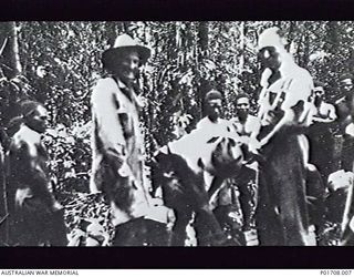 CENTRAL RANGES, NEW GUINEA. C.1943-03. MR WILLIAM (BILL) MACGREGOR AND DOCTOR SCHROEDER, CIVILIANS WHO WERE FLEEING FROM THE JAPANESE IN WEWAK, WITH NATIVES ON A JUNGLE TRACK. ALSO WITH THEM WAS A ..