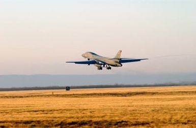 At Dyess Air Force Base (AFB), Texas, a B-1B Lancer bomber from the 9th Bomb Squadron (BS), takes off on a deployment to Guam in support of our defensive posture in the Pacific region