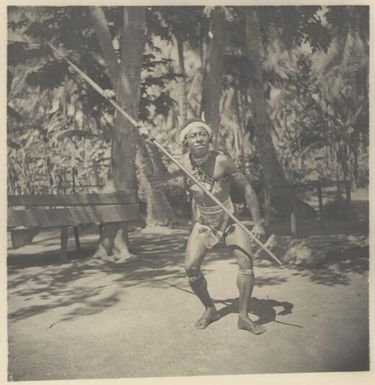 Barong, chief and Luluai of Awar village in a Snake and Spear dance pose, Awar, Sepik River, New Guinea, 1935, 1 / Sarah Chinnery