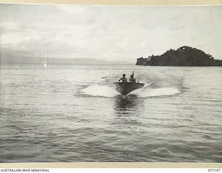 JACQUINOT BAY, NEW BRITAIN. 1944-11-21. ONE OF THE FAST RAN LAUNCHES USED AS A RUNABOUT BY THE PERSONNEL OF THE AIR-SEA RESCUE UNIT