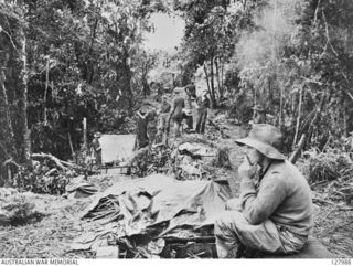 ORODUBI, NEW GUINEA. 1943-07-30. MEMBERS OF 2/3RD AUSTRALIAN INDEPENDENT COMPANY MAKE CAMP AFTER THEIR SUCCESSFUL ATTACK ON "TIMBERED KNOLL". (FILM STILL)