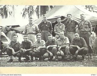 Personnel of Headquarters Signals, 5th Division. Identified front row, first left, is QX44994 Corporal Leonard Arthur Mobsby