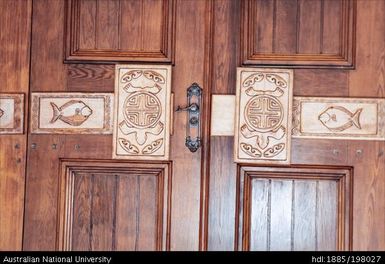 French Polynesia - Temple at Taunoa - door carvings detail