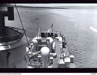 RABAUL, NEW BRITAIN, 1946-03-07. THE AFTER DECK OF HMAS BARCOO (K375), ROYAL AUSTRALIAN NAVY