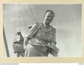 JACQUINOT BAY, NEW BRITAIN. 1944-11-08. VX161 LIEUTENANT-COLONEL L.K. SHAVE, STAFF (GS1), INTELLIGENCE (INT). HEADQUARTERS, 1ST AUSTRALIAN ARMY, ABOARD THE RAN FRIGATE, BARCOO