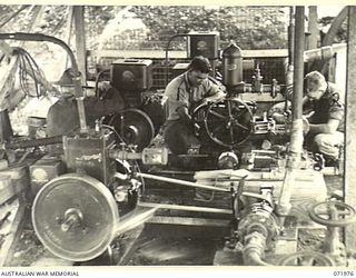 LAE, NEW GUINEA. 1944-04-01. THE PUMPING PLANT USED TO PUMP WATER FROM THE DAM AT THE 2/7TH AND 2/8TH GENERAL HOSPITALS AND INSTALLED BY PERSONNEL OF THE ROYAL AUSTRALIAN ENGINEERS, HEADQUARTERS ..