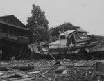 A small boat washed inland near the mouth of the Wailoa River after a tsunami hit Hilo, Hawaii, on the Big Island. April 4, 1946