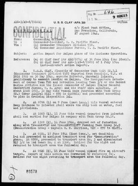 USS CLAY - Rep of Ops in the Invasion of Saipan Is, Marianas, 5/30/44 to 6/23/44