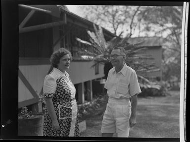 Unidentified man and woman outside Northern Hotels, Ba, Fiji