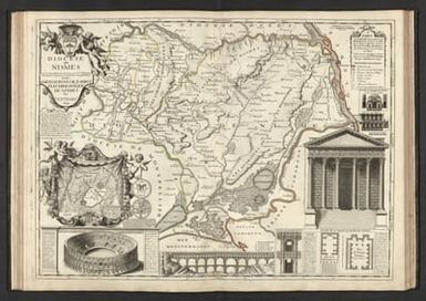 Diocese de Nismes. Dressé Nouvellement sur les Lieux par le Sr. Gautier Architecte et Ingenieur de la Province de Languedoc. Dedié a Monseigneur Esprit Flechier Evêque de Nismes par son tres humble et tres obeissant Serviteur J. B. Nolin. 1698. A Paris, Chez J. B. Nolin Geographe de S. A. R. Monsieur Frere Unique du Roy sur le Quay de l’Horloge du Palais à l'Enseigne de la Place des Victoires. Vers le Pont Neuf. Avec Privilege du Roy. Cette Carte a esté faite par l'ordre et par les soins de Mgur. Flechier Eveque de Nismes l'An 1698.