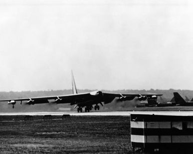 Right front view of a B-52D Stratofortress aircraft from Strategic Air Command taking off for a mission over North Vietnam during Operation LINEBACKER