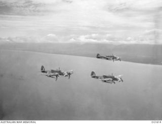 WEWAK AREA, NORTH EAST NEW GUINEA. C. 1944-10. AIRCRAFT OF NO. 8 (BEAUFORT) SQUADRON RAAF, CODE NAME UV-E, UV-S, UV-W, WING THEIR WAY HOME AFTER DROPPING BOMBS ON AN ENEMY TARGET NEAR WEWAK