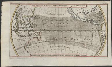 Een schets van de algemene passad winden in de groote Zuyd Zee : merk dat de Pyltjes tusschen de linien aanwysen den loop der algemeenen en kust winden
