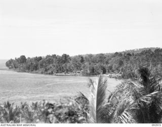 JACQUINOT BAY, NEW BRITAIN. 1945-06-11. A PANORAMIC VIEW OF THE BAY TAKEN FROM 105 CASUALTY CLEARING STATION, SHOWING THE WATERFRONT OF HEADQUARTERS 5 DIVISION IN 5 BASE SUB-AREA AS FAR AS ACK ACK ..