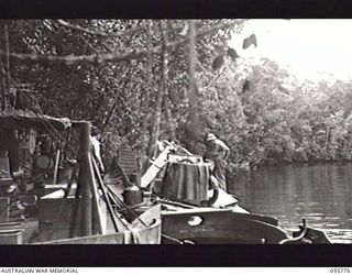 MOROBE, NEW GUINEA. 1943-08-13. UNITED STATES SMALL SHIPS SECTION, IN THEIR DAYTIME HIDEOUT