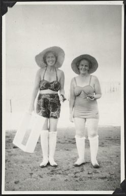 Eileen Powles and friend on the beach, Samoa