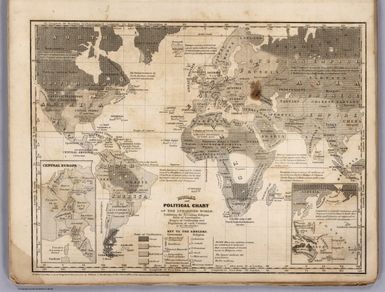 Moral And Political Chart Of The Inhabited World. Exhibiting The Prevailing Religion, Form Of Government, Degree Of Civilization, and Population of Each Country. By W.C. Woodbridge. (Engraved by) C. Pelton & W. Williams. Entered .. . 1845, by W.C. Woodbridge ... Massachusetts. Hartford. Published By Wm. Jas. Hamersley. (inset map) Central Europe. (inset map) Untitled map of Polynesia.