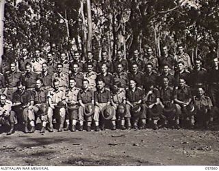 WONDECLA, QLD. 1943-10-08. GROUP PORTRAIT OF OFFICERS OF THE 2/5TH AUSTRALIAN INFANTRY BATTALION, 17TH AUSTRALIAN INFANTRY BRIGADE, WHO HAVE JUST RETURNED TO THE MAINLAND AFTER A TOUR OF DUTY IN ..