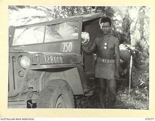 KAMANDRAN, NEW BRITAIN. 1945-02-19. TOGUMOI, JEEP DRIVER OF B COMPANY, 1ST NEW GUINEA INFANTRY BATTALION. NOTE PRE- WAR, TOGUMOI WAS A TAXI DRIVER IN RABAUL